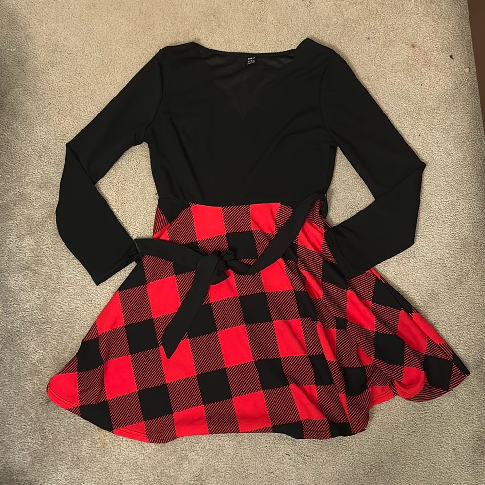 SHEIN Black and Plaid Long Sleeve Dress
